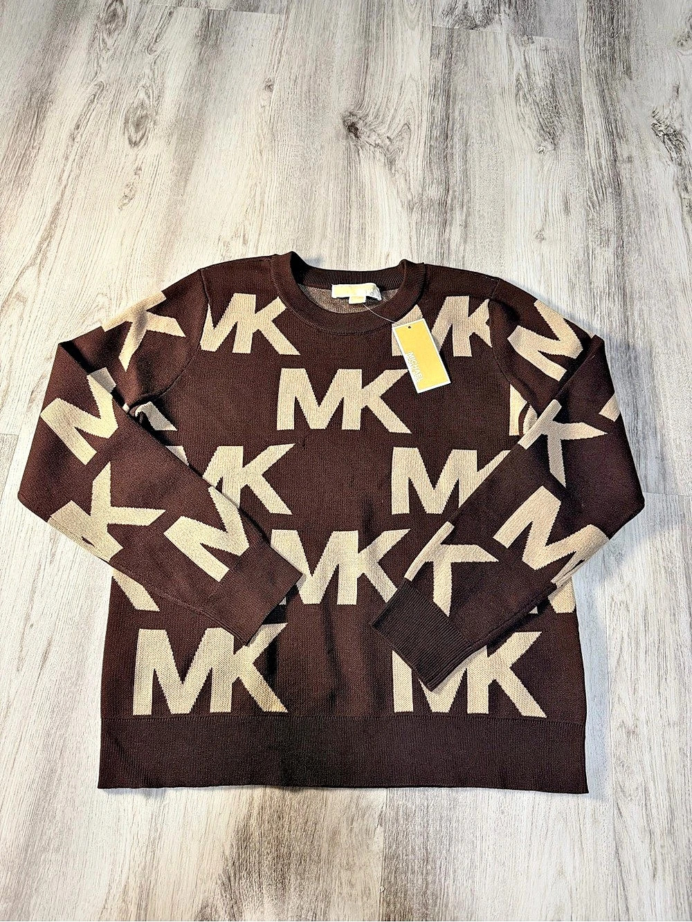 Michael Kors Logo Jacquard Crewneck Sweater MK Logo Long Sleeve Top in Brown &